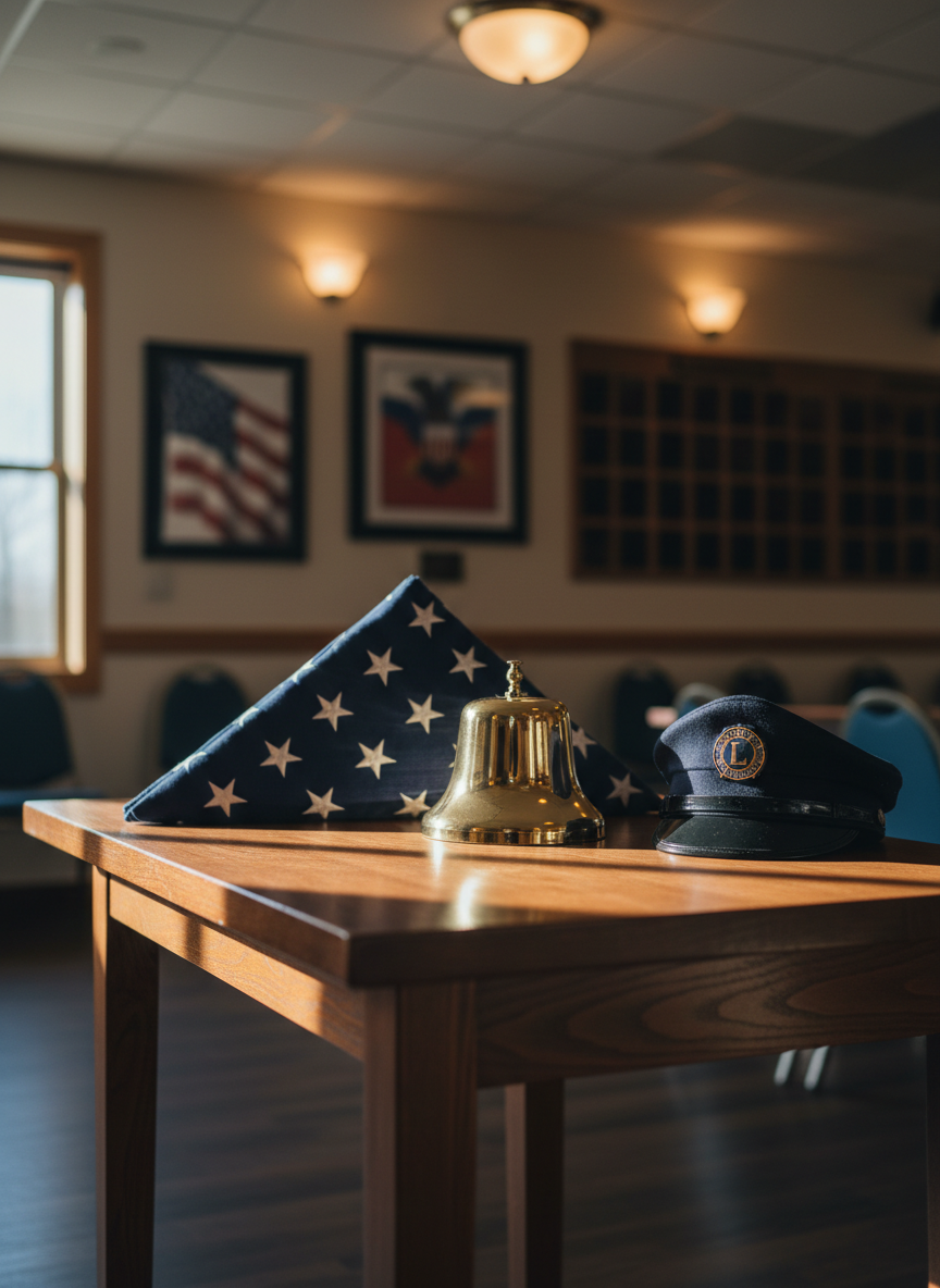 A polished wooden memorial table inside a dignified American Legion hall, topped with a meticulously folded American flag, a gleaming brass service bell, and a dark blue cap with a generic gold emblem that suggests veteran service without readable text. Framed patriotic artwork and a wall of small, abstracted plaques form a soft-focus backdrop. Warm overhead lighting and gentle window light combine to create subtle reflections on the bell and soft shadows across the tabletop. Photographed at eye level in photographic realism, with a shallow depth of field that keeps the table in sharp focus while the hall recedes into a calm, respectful blur, conveying honor, tradition, and quiet patriotism.