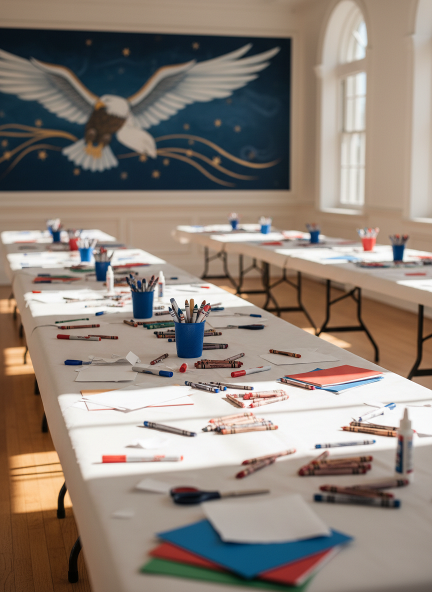A bright community room arranged for a children and youth enrichment event, with long tables covered in plain white paper, scattered with colorful, unbranded art supplies like crayons, markers, and construction paper in red, white, and blue tones. In the background, a large wall features a tasteful, stylized mural of a soaring eagle and stars, with no text. Sunlight streams through tall windows, creating lively patches of light on the floor and tabletops. Photographed at eye level in photographic realism, with a moderate depth of field that keeps the nearest table crisp and the mural softly blurred, the atmosphere feels welcoming, hopeful, and focused on nurturing the next generation.