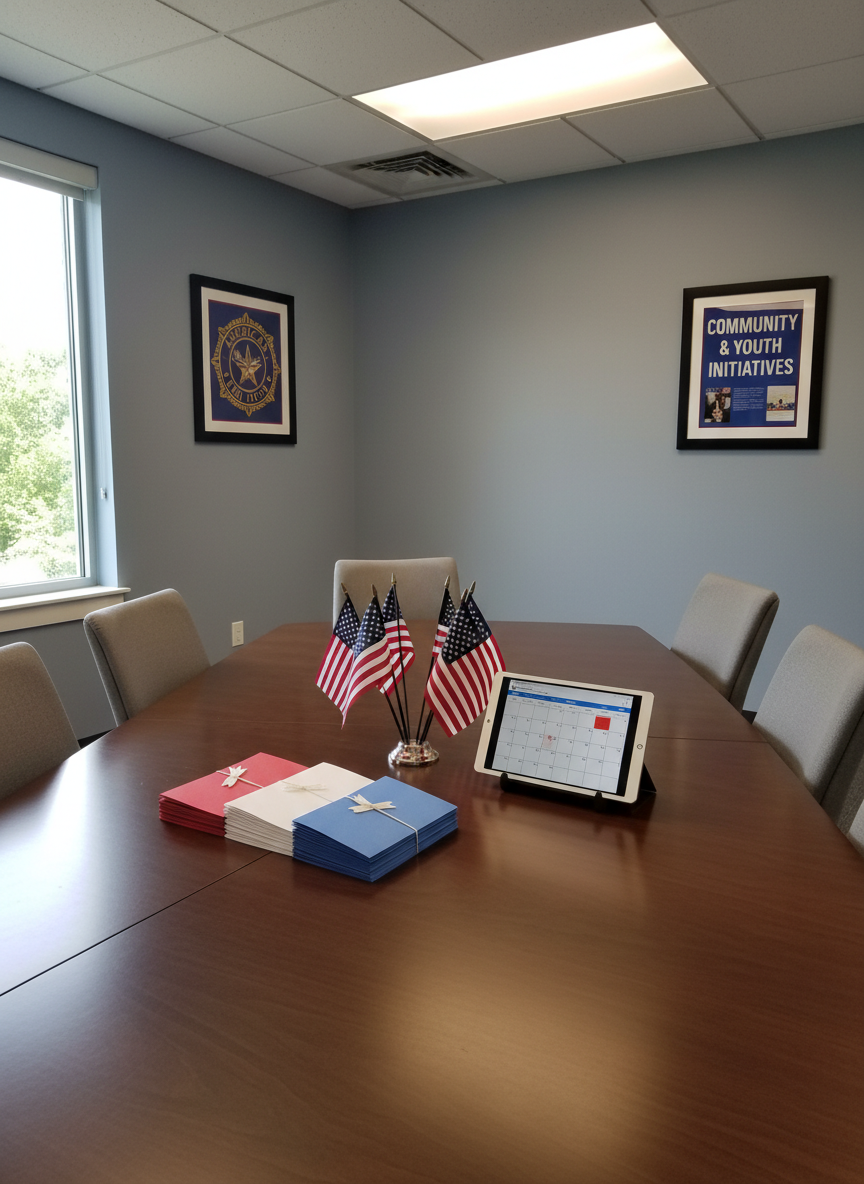 An orderly conference table inside a modern American Legion meeting room, set for planning community service and youth programs. The table features neatly stacked folders with blank covers in red, white, and blue, a central arrangement of small American flags on simple metal stands, and a tablet displaying a generic calendar layout without legible text. Neutral gray upholstered chairs surround the table. Soft, diffused overhead lighting and subtle daylight from a side window create an even, professional illumination. Photographed from a slightly elevated angle with sharp focus throughout in photographic realism, the composition emphasizes organization, collaboration, and civic responsibility in a calm, professional atmosphere.