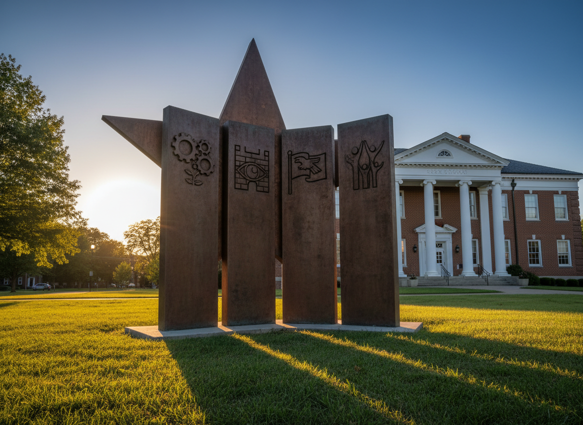 A sturdy bronze outdoor monument shaped like a star and shield, symbolizing the Four Pillars of a veterans’ organization through four distinct but interconnected vertical panels, each etched with abstract icons for rehabilitation, security, patriotism, and youth. The monument stands on a manicured lawn in front of a stately brick building with white columns, no text visible anywhere. Late afternoon golden hour sunlight casts long, dignified shadows and creates a warm glow on the metal surfaces. Captured from a slightly low angle in photographic realism, the composition uses the rule of thirds, with a deep blue sky and softly blurred trees framing the scene, evoking strength, service, and continuity.