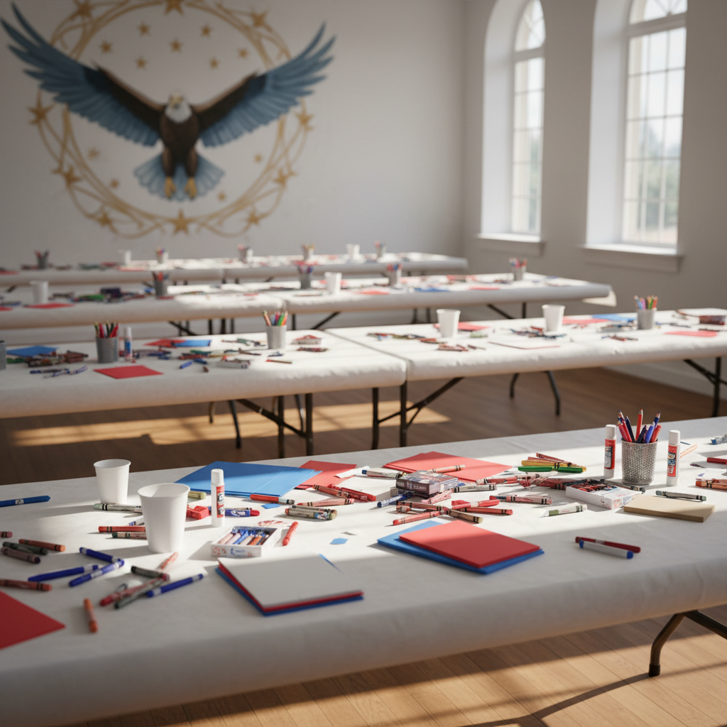 A bright community room arranged for a children and youth enrichment event, with long tables covered in plain white paper, scattered with colorful, unbranded art supplies like crayons, markers, and construction paper in red, white, and blue tones. In the background, a large wall features a tasteful, stylized mural of a soaring eagle and stars, with no text. Sunlight streams through tall windows, creating lively patches of light on the floor and tabletops. Photographed at eye level in photographic realism, with a moderate depth of field that keeps the nearest table crisp and the mural softly blurred, the atmosphere feels welcoming, hopeful, and focused on nurturing the next generation.