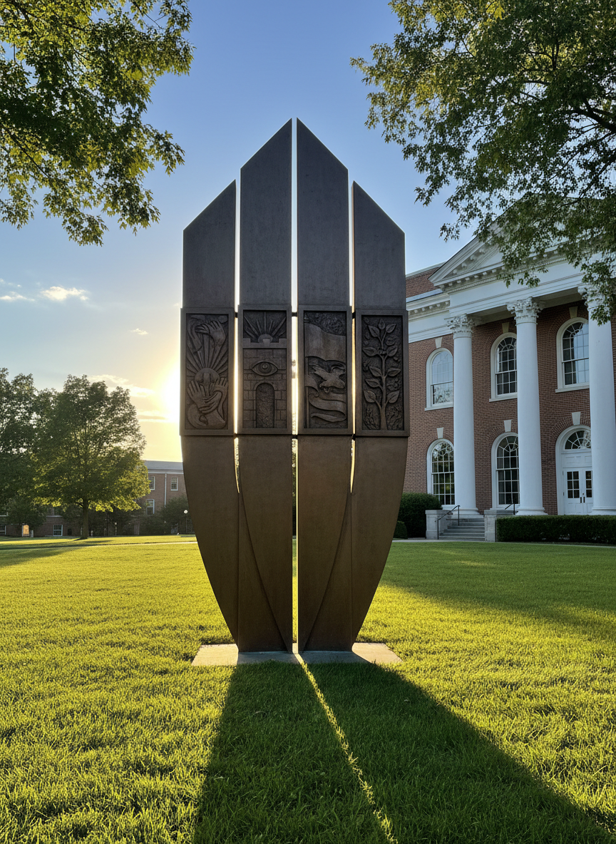 A sturdy bronze outdoor monument shaped like a star and shield, symbolizing the Four Pillars of a veterans’ organization through four distinct but interconnected vertical panels, each etched with abstract icons for rehabilitation, security, patriotism, and youth. The monument stands on a manicured lawn in front of a stately brick building with white columns, no text visible anywhere. Late afternoon golden hour sunlight casts long, dignified shadows and creates a warm glow on the metal surfaces. Captured from a slightly low angle in photographic realism, the composition uses the rule of thirds, with a deep blue sky and softly blurred trees framing the scene, evoking strength, service, and continuity.