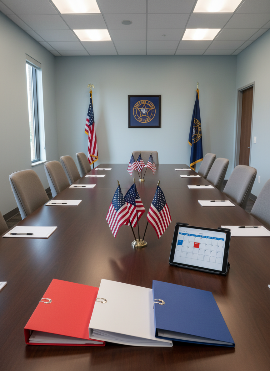 An orderly conference table inside a modern American Legion meeting room, set for planning community service and youth programs. The table features neatly stacked folders with blank covers in red, white, and blue, a central arrangement of small American flags on simple metal stands, and a tablet displaying a generic calendar layout without legible text. Neutral gray upholstered chairs surround the table. Soft, diffused overhead lighting and subtle daylight from a side window create an even, professional illumination. Photographed from a slightly elevated angle with sharp focus throughout in photographic realism, the composition emphasizes organization, collaboration, and civic responsibility in a calm, professional atmosphere.