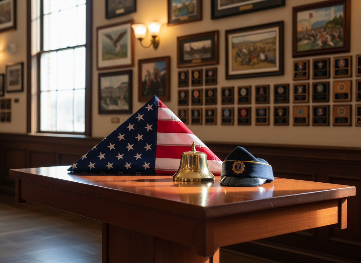 A polished wooden memorial table inside a dignified American Legion hall, topped with a meticulously folded American flag, a gleaming brass service bell, and a dark blue cap with a generic gold emblem that suggests veteran service without readable text. Framed patriotic artwork and a wall of small, abstracted plaques form a soft-focus backdrop. Warm overhead lighting and gentle window light combine to create subtle reflections on the bell and soft shadows across the tabletop. Photographed at eye level in photographic realism, with a shallow depth of field that keeps the table in sharp focus while the hall recedes into a calm, respectful blur, conveying honor, tradition, and quiet patriotism.