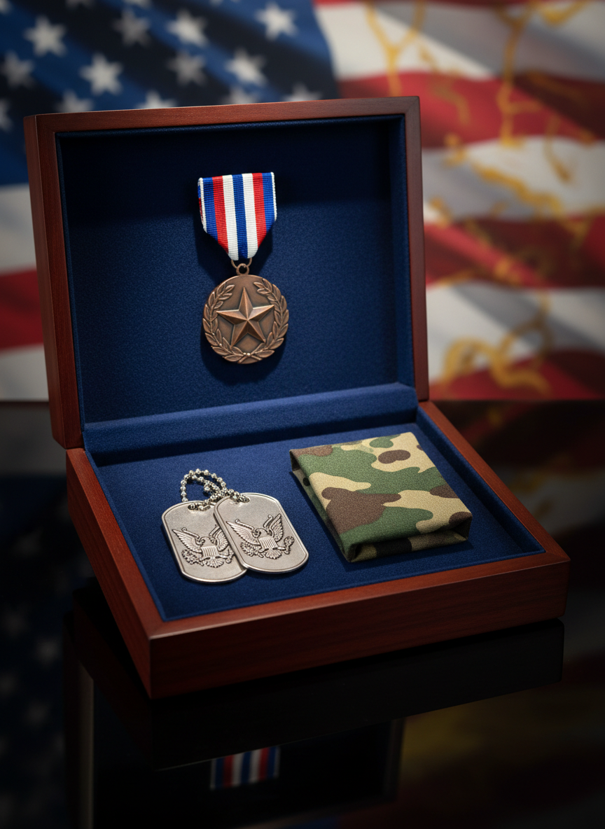A close-up of a polished wooden display case dedicated to national security and veterans’ service, containing a pair of ceremonial dog tags on a dark velvet cushion, a folded camouflage-patterned fabric, and a generic medal suspended against a deep blue background with no readable text. The case rests against a softly blurred backdrop of a flag-inspired abstract mural. Directional spotlighting from above creates gentle highlights on the metal surfaces and rich shadows in the corners of the case. Shot in photographic realism from a slightly angled perspective, with a shallow depth of field that isolates the display, the mood is solemn yet proud, emphasizing protection, sacrifice, and enduring commitment.